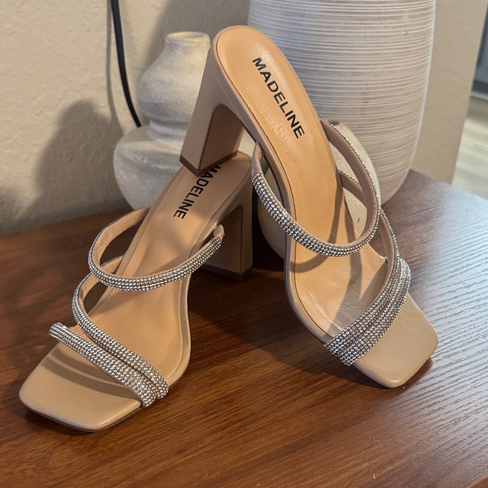 Madeline Tan and Silver Strappy Heels